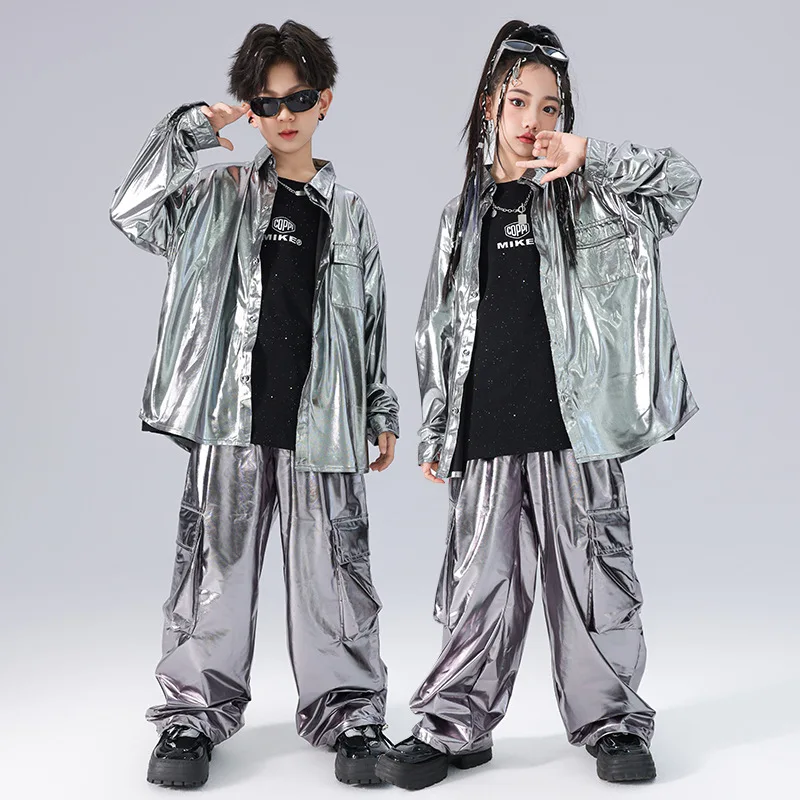 Boys Hip Hop Cool Silver Jacket Street Dance K-pop Cargo Pants Girl Leather Clothes Sets Kids Child Teens Jazz Shiny Streetwear