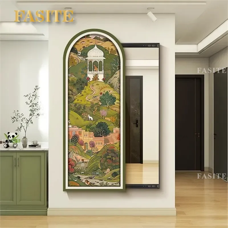 For Medieval Green Entrance Decorative Painting Mirror Push Pull Full Body Invisible Full Length Mirror Can Be Closed Hidden