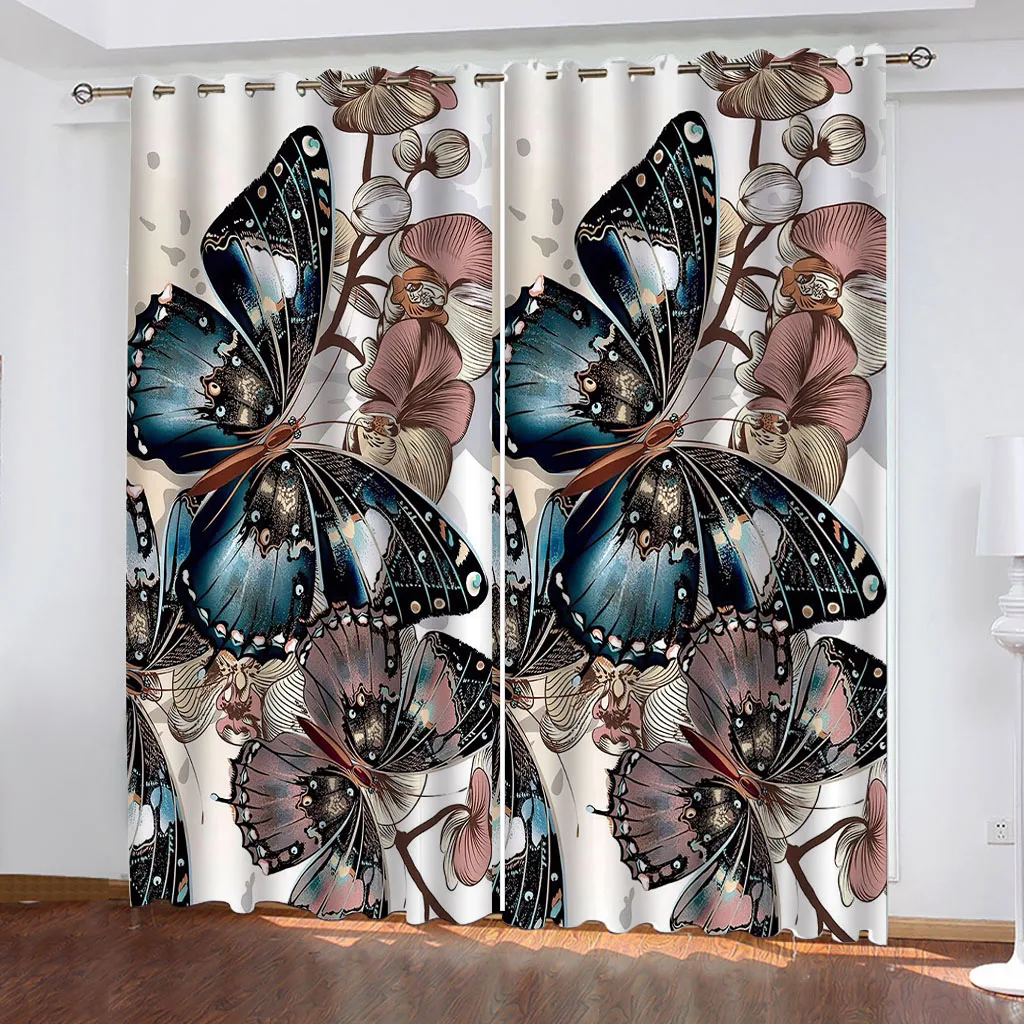 Room Curtain 3D Colourful Butterfly Flowers Curtain Custom Bedroom Living Room Studio Window Curtain Grommet Top 2 Panel