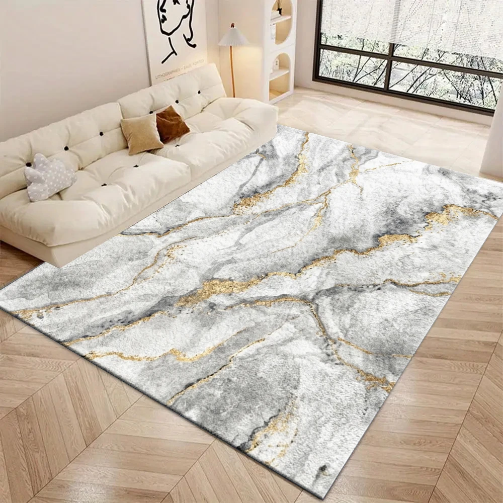 Grey White Gold Marble Pattern Area Rug Modern Ink Gilded Non‑Slip Floor Mat for Living Room Bedroom Home Decor
