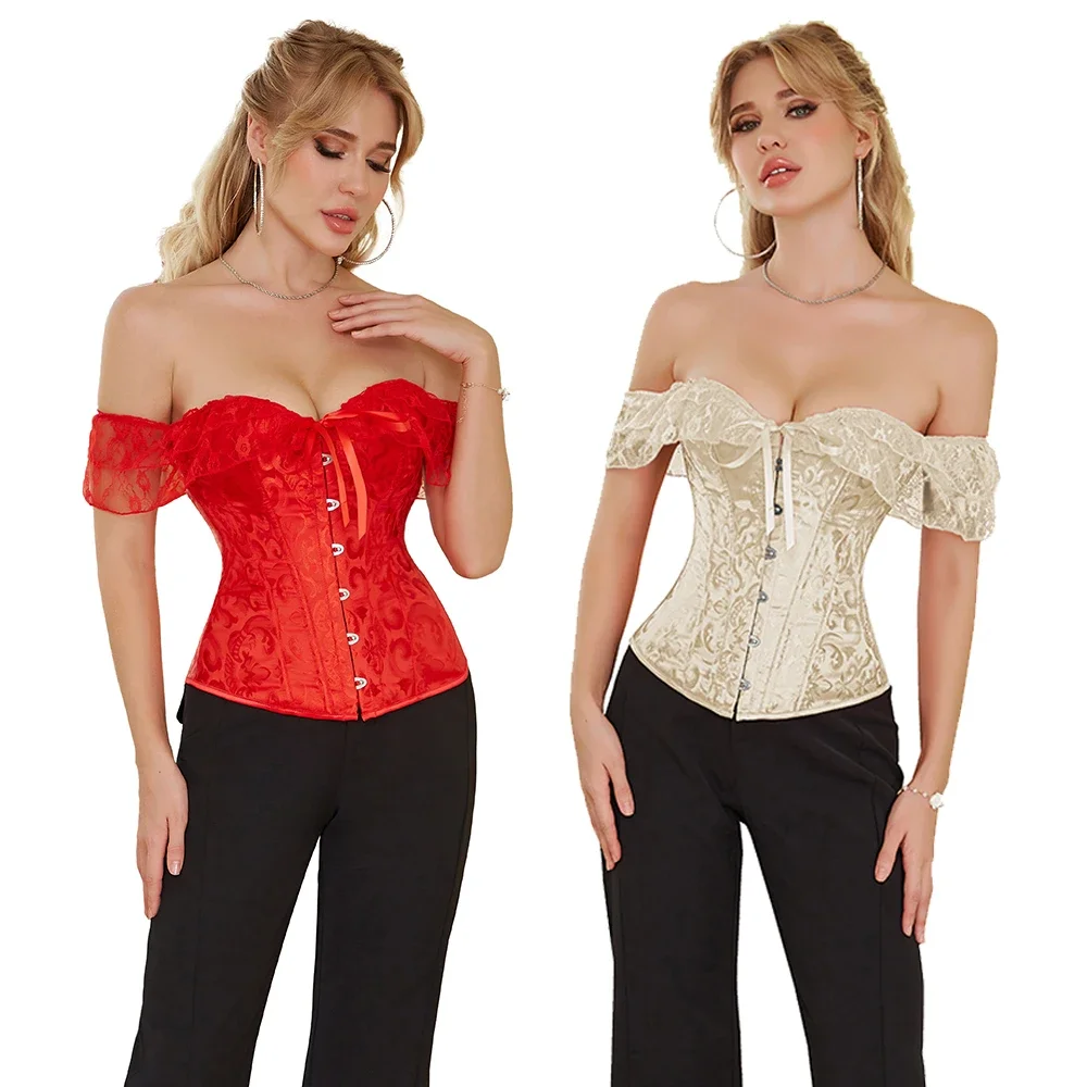 

Floral Showgirl Corset Lace Short Sleeves Chest Binder Bustier Top Plus Size Fairycore Lingerie Gorset