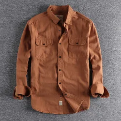 Vintage Retro Men Cargo Shirt Jacket Canvas Cotton Khaki Military Uniform Light Casual Work Safari Style Shirts Mens Tops Shirt