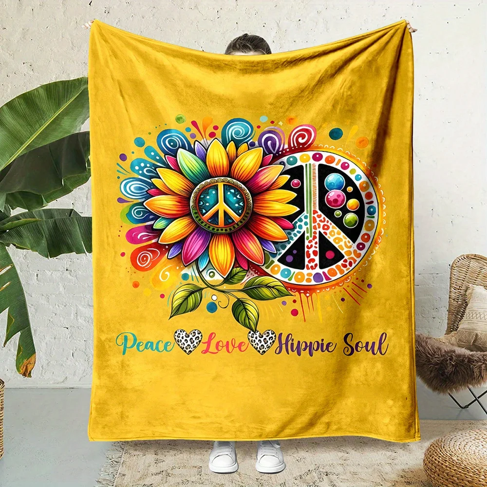 Colorful Hippie Sunflower Peace Symbol Leopard Heart Text Print Blanket,Light Flannel Throw For Couch,Peace Hippie Daily Blanket