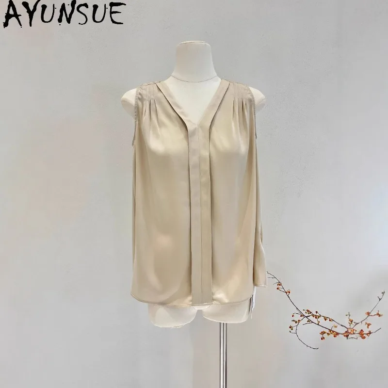 

AYUNSUE Женские блузки и рубашки из 90% натурального шелка тутового шелкопряда, летние топы без рукавов с V-образным вырезом для женщин, офисная женская одежда, 블라우스