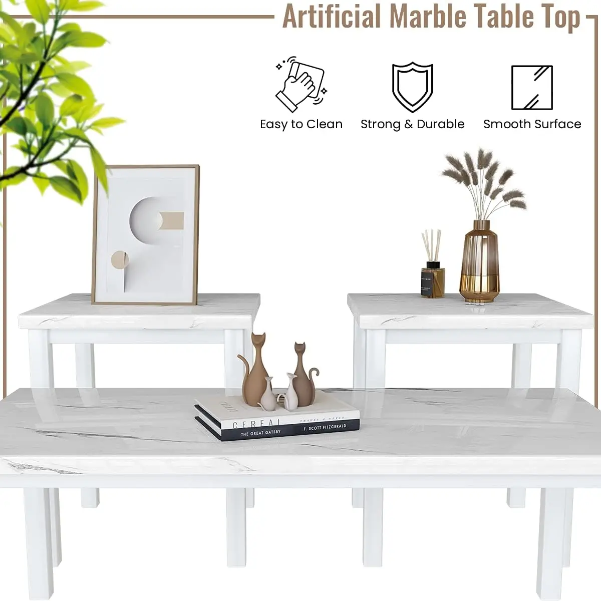 Faux Marble Coffee Table Set of 3 with Metal Frame