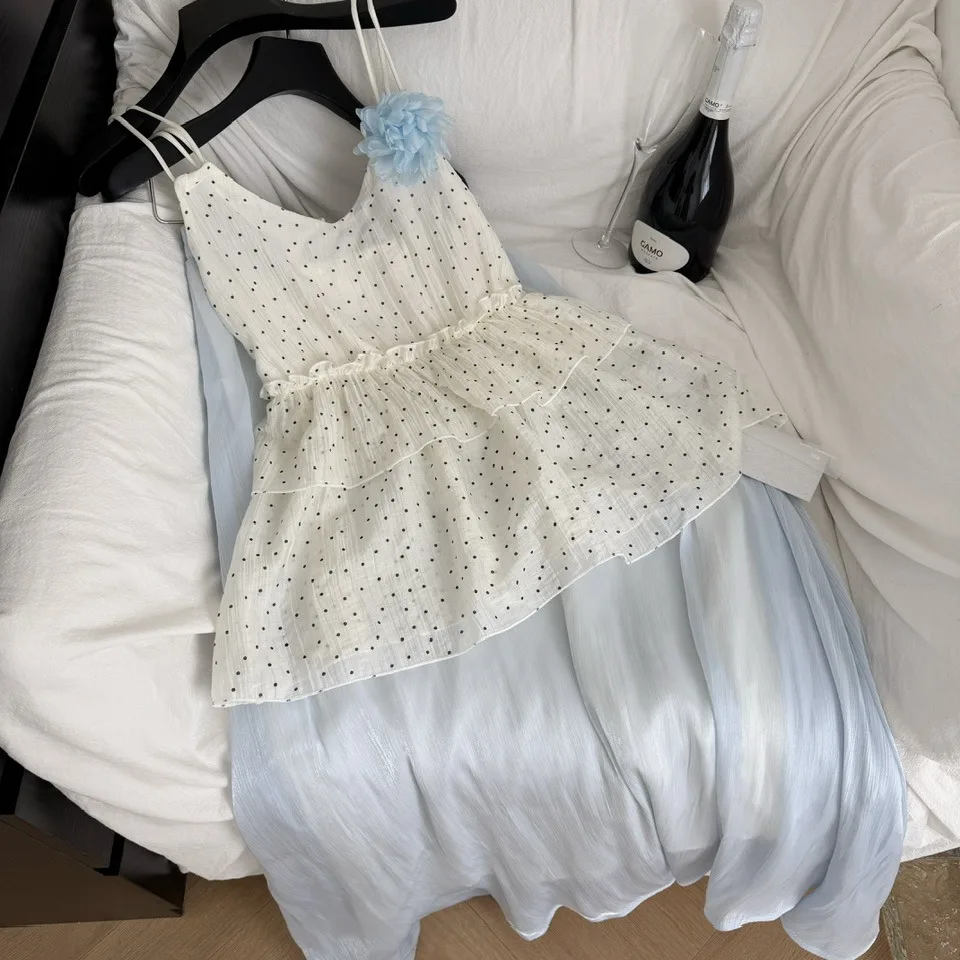 

Summer Gentle Wind V-Ne Polka Dot Chiffon ter Top High Waist Dr Women's Two-Piece Set Ele Faionable