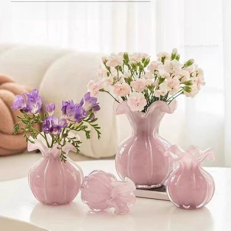

Simple French Light Luxury Pink Glass VaseTable Hydrophilic VaseCrafts Living Room Home Decoration Flower Arrangement Home Decor