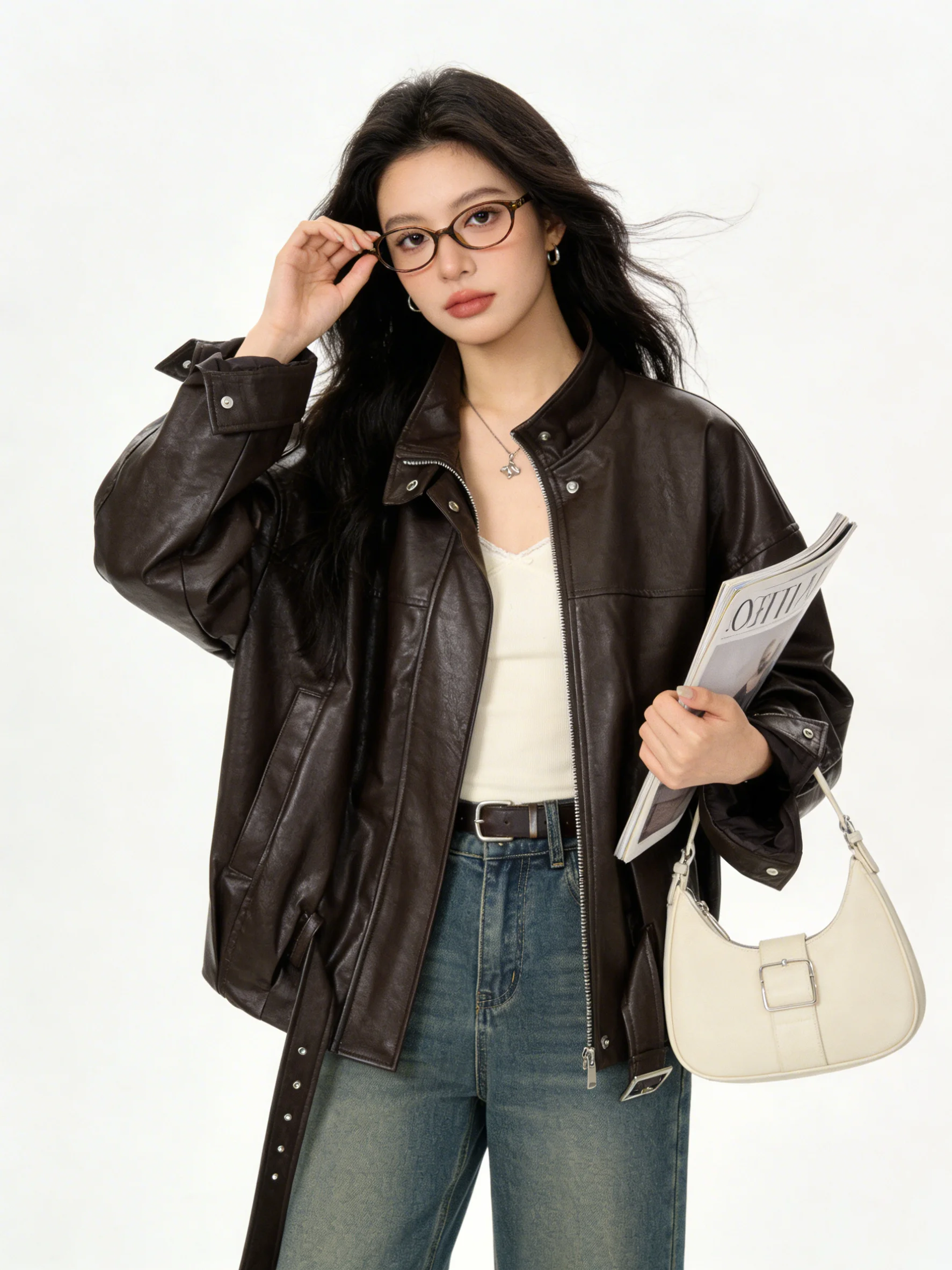 

Mellishade Brown Stand Collar Short Motorcycle Jacket Women's Loose Slimming Outerwear Spring Versatile High-End Leather Coat