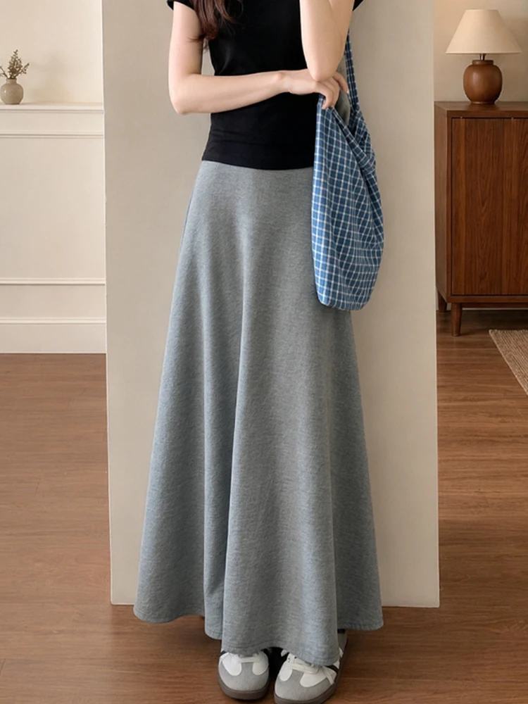 Fall A Line Long Skirt Women Sweet Preppy Style Vintage High Waist Skirts Casual Loose Female Solid Simple All Match Long Skirts