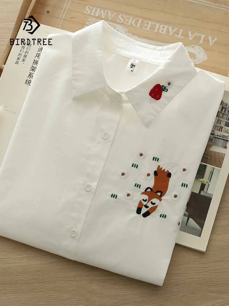 

New 2025 Summer Cotton Short Sleeve Shirt, Women Turn-down Collar Cute Embroidery, Mori Girl Age Reduction Loose Blouse T57525CC