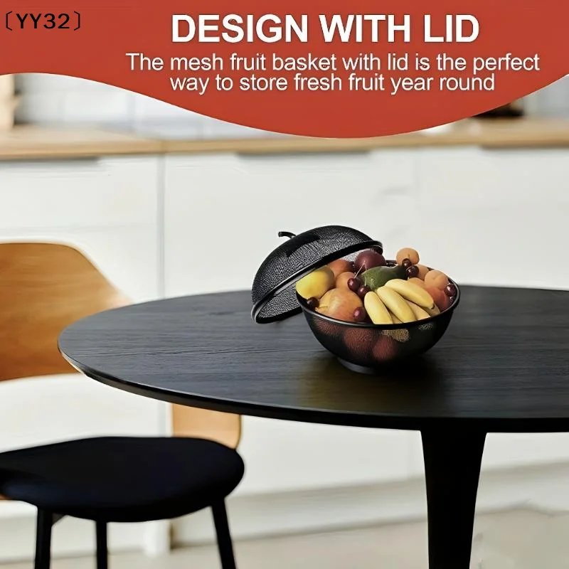 Metal Fruit Basket With Mesh Lid Heavy-duty Rust-proof Design Fruit-shaped Storage Container With Ventilation Holes〔YY32〕