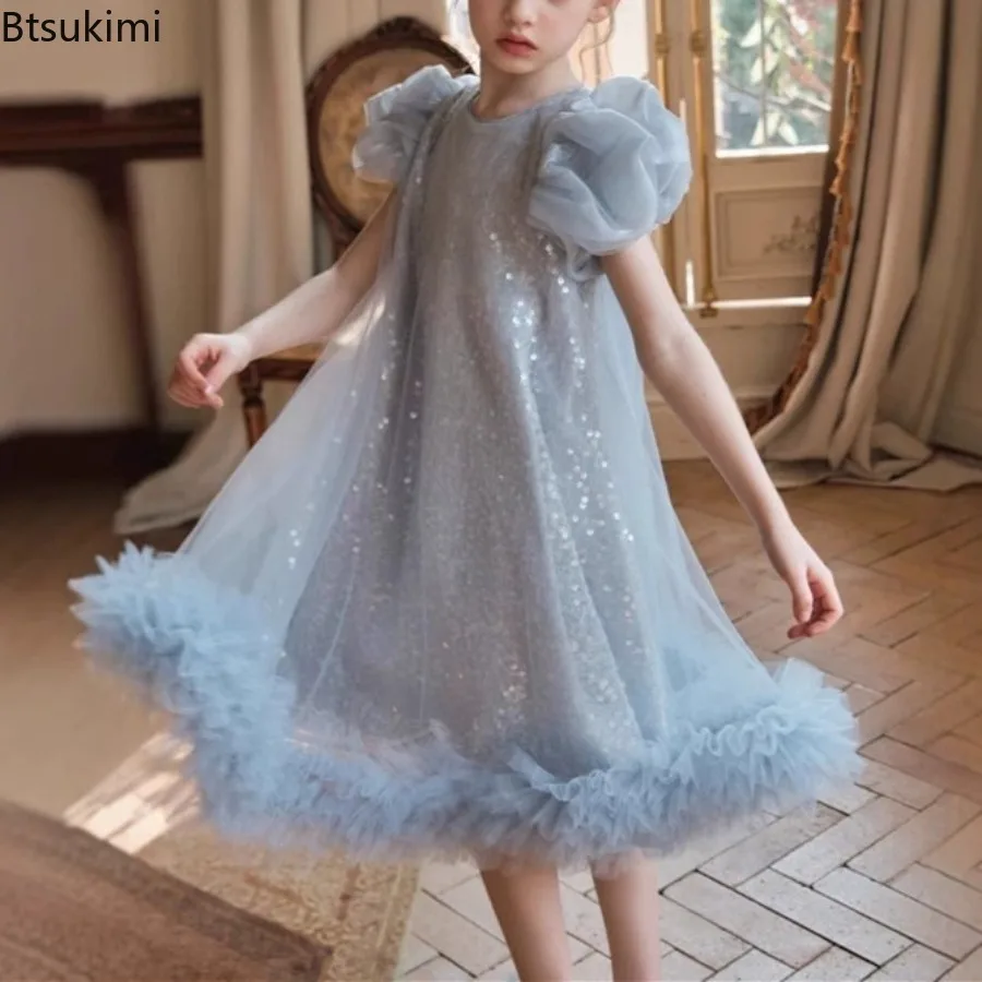 2026 Summer Elegant Tutu Dress Girls High End Princess Banquet Birthday Party Wear Sequin New Pageant Walk Kids Formal Outfit
