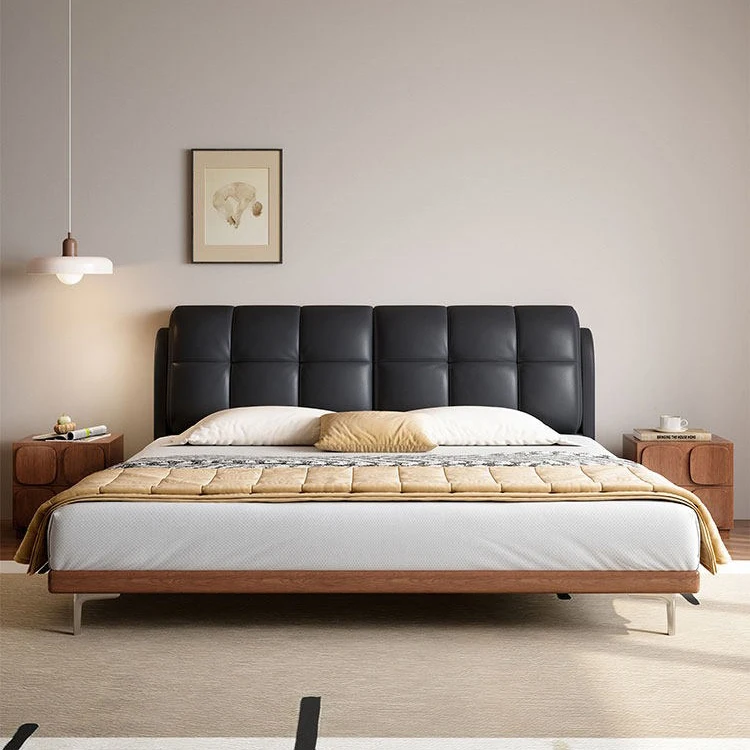 #Solid Wood Slat Platform Bed Frame, Bubble Tufted Leather Headboard, Walnut Low Profile Base, No Box Spring, Custom OEM