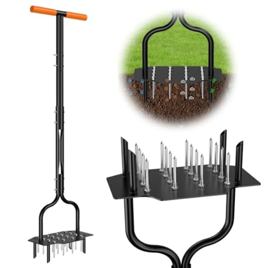 

Lawn Aerator Tool, 40 Inch Heavy Duty Manual Lawn Aerator, 16 Iron Spikes Metal and 4 Hollow Slots, Upgraded Exhaust Loosening