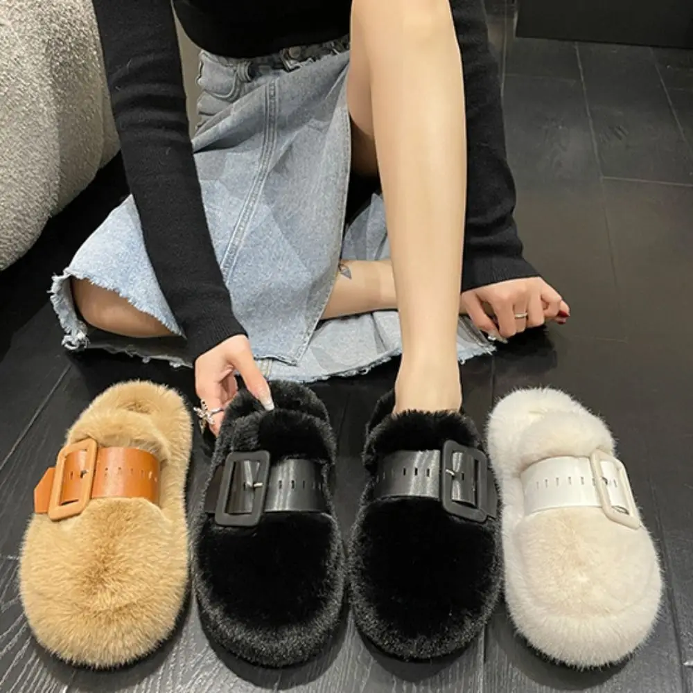 Zapatillas de suela gruesa con cinturón de cuero, pantuflas mullidas de lana de terciopelo, zapatos cálidos para el hogar para mujer, zapatillas cálidas para invierno, Otoño Invierno