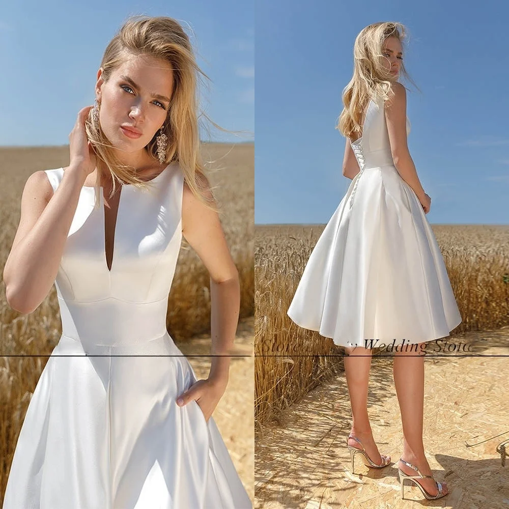 

Customized Temperament White Satin Wedding Dress High Quality Crew Neck Cap Sleeve Bridal Gowns Court Train Lace Up Back Dress