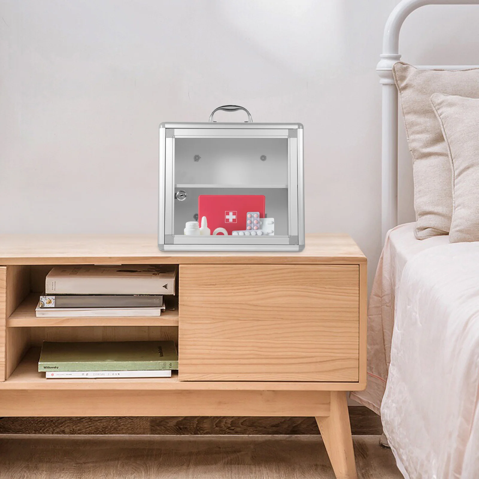 صندوق أدوات كبير محمول لتخزين الأدوية من الألومنيوم مع قفل أدوات أمان منزلية مثبتة على الحائط