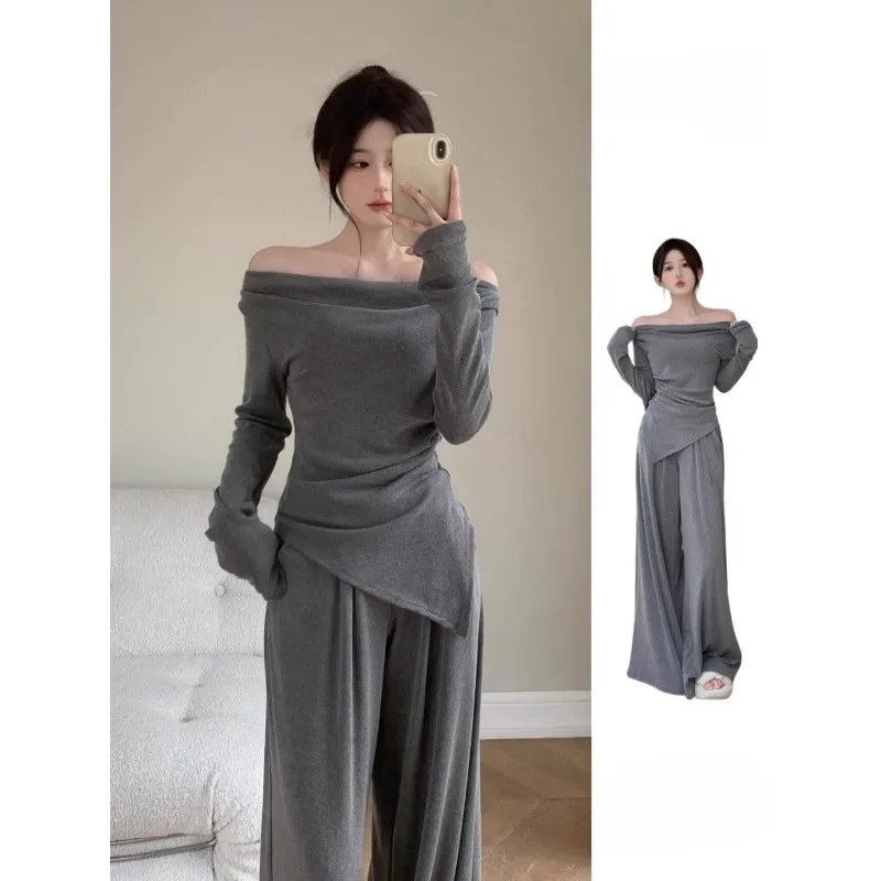 

High-end Sets Women Spring Autumn Design Irregular Off Shoulder Long Sleeve Tops High Waist Straight Wide-legged Pants Trend Set