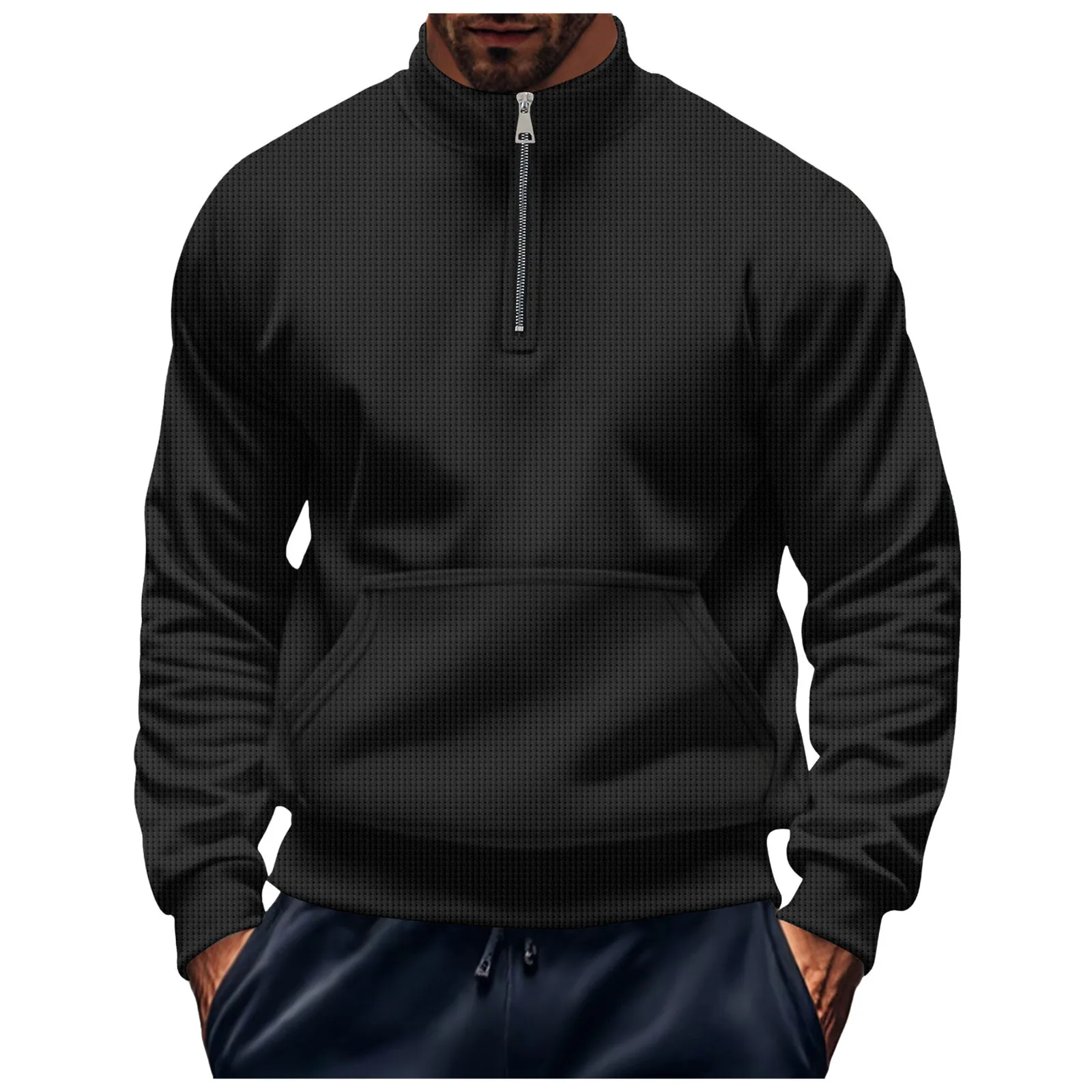 Men'S High Neck Solid Color Sweatshirts Half Zip Pocket Long Sleeved Hoodie Commuting Casual Hoodie Windbreaker Male Clothes