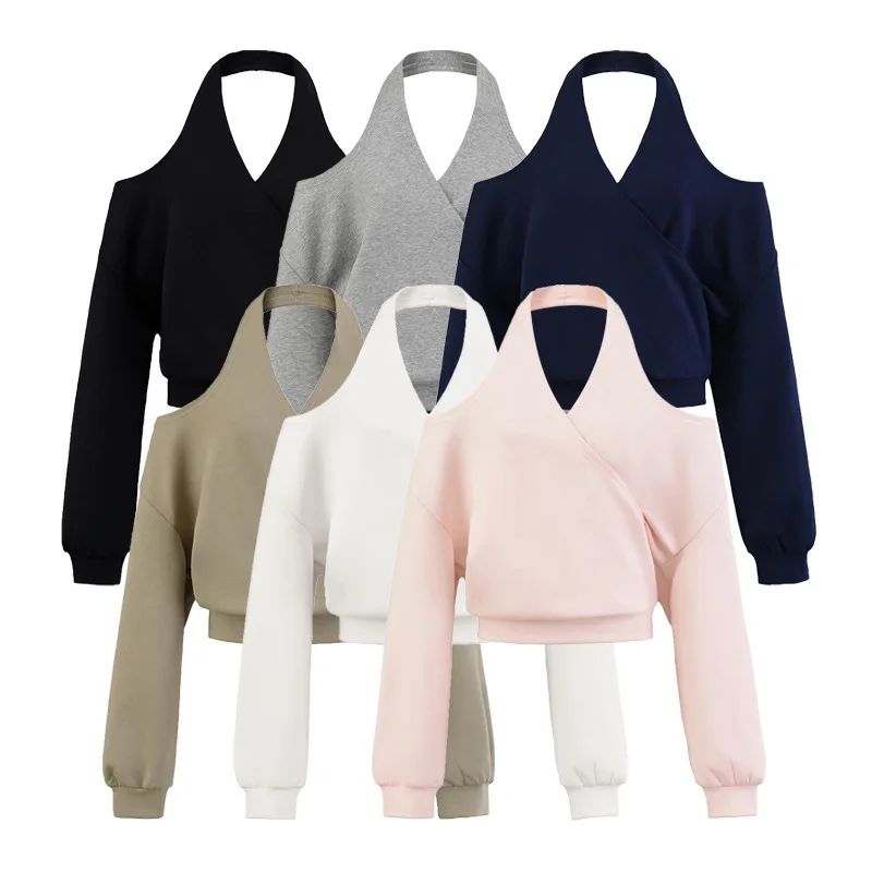 2025 American Style Halter Neck Hoodie Women, Off Shoulder Cropped Top with Open Back, Chic Long Sleeve Streetwear