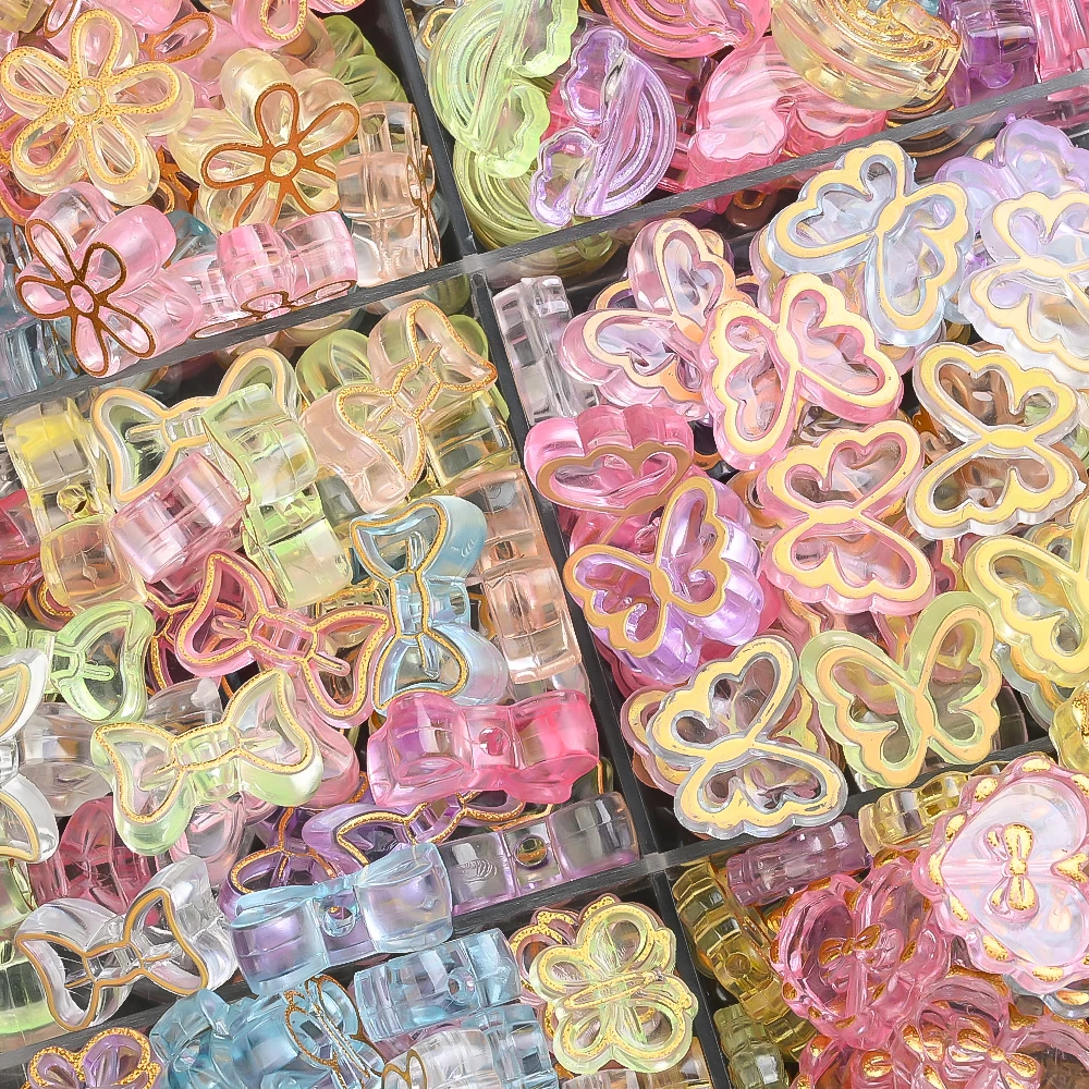 20 Stück goldfarben verzierte transparente Acrylperlen in Schmetterlings-, Herz- und Blumenform als Abstandshalterperlen für die Schmuckherstellung, DIY-Armbänder und Halsketten – Detail 4