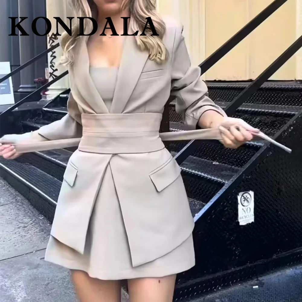 

KONDALA 2025 весенний женский офисный женский однотонный пиджак с поясом, свободный длинный пиджак с лацканами, большой пиджак с подкладкой, повседневный пиджак для женщин