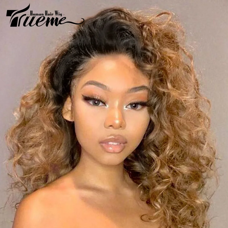 

Trueme Curly Bob Wig Lace Front Human Hair Wigs Colored Brazilian Water Wave Human Hair Wig Ombre Brown Lace Front Wig For Women