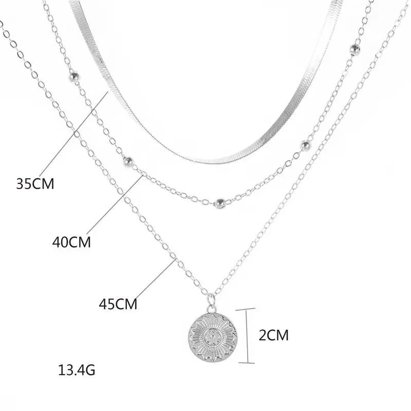 

Multi-layer Chain Necklace Alloy Material Silvery Three-layer All-match Design Women's Snake Bone Chain with Round Bead Chain