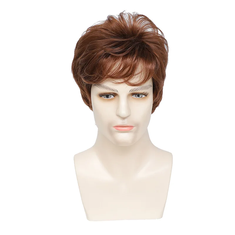 Amazon Cross border New Men's European and American Wig Headset Fashion Brown Short Hair Set-Synthetic fiber wig