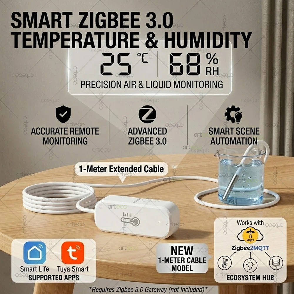 

Умный датчик температуры и влажности Zigbee 3.0 с водонепроницаемым зондом 1 м (опционально) для умной автоматизации, совместимый с Zigbee2MQTT, Home Assistant, Tuya