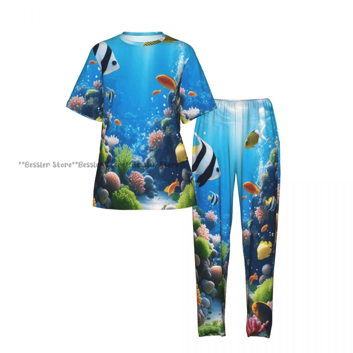 Women's Pajamas Set Tropical Fish Underwater World Landscape Short Sleeve Sleepwear 2 Piece Homewear Loungewear