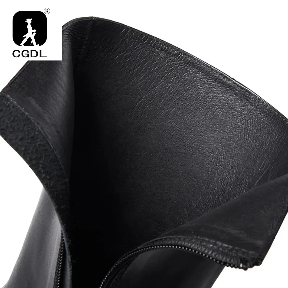 Knee High Warm Mens Boots Luxury Genuine Leather 2024 Spring New Style Black Fur Shoes High Heel with Side Zipper Social Suit