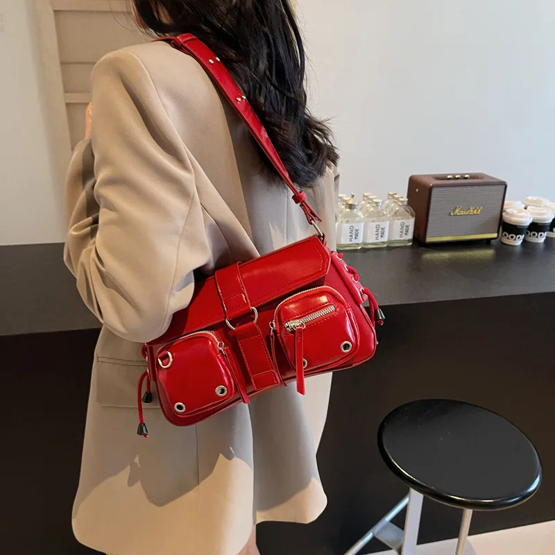 Motorcycle Shoulder Bag, Soft Rectangular Crossbody Underarm Purse Street Trend Daily Messenger Bag for Women