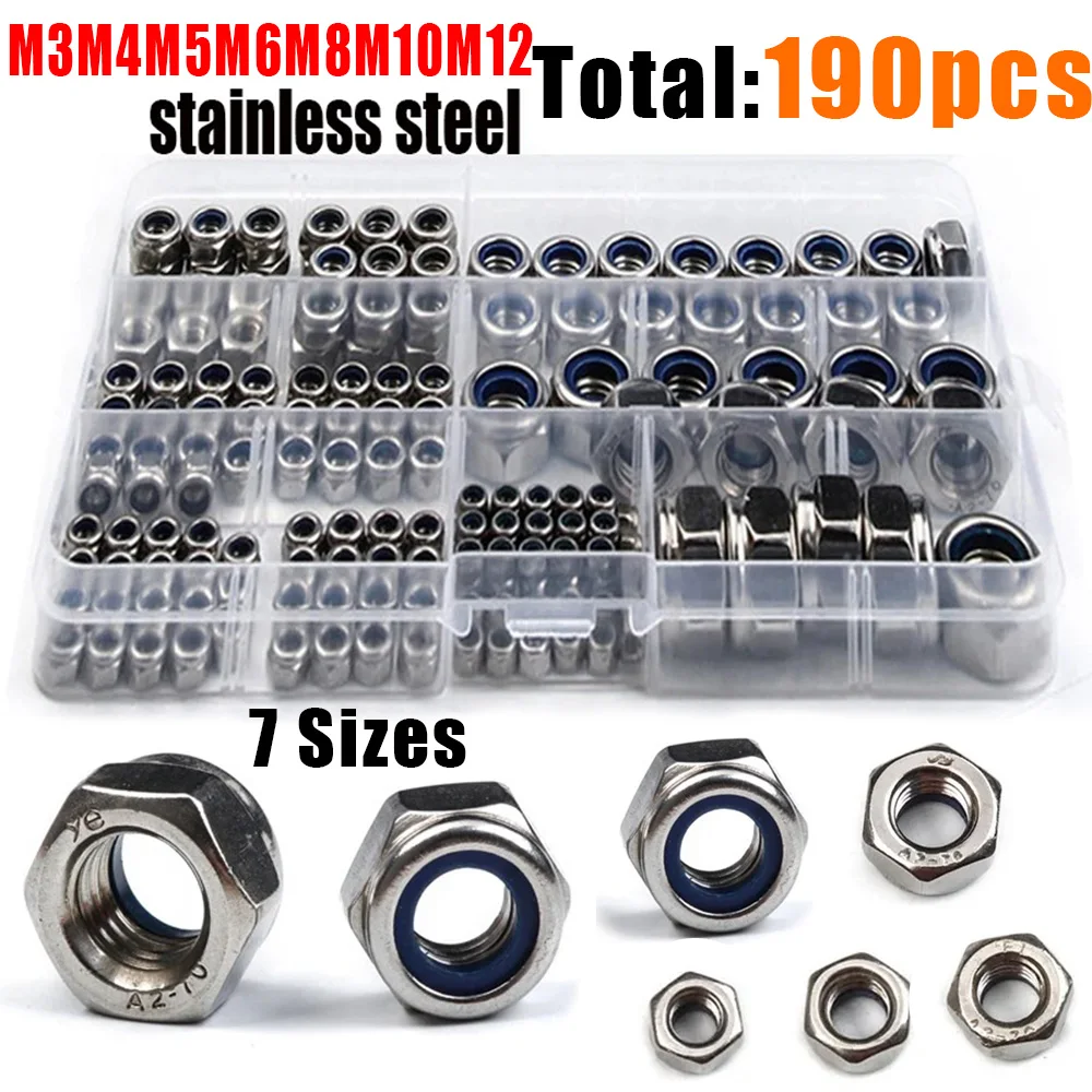 

190-piece anti-loosening and anti-slip locking nut kit M3 M4 M5 M6 M8 M10 M12 prevents nuts from loosening under vibration.