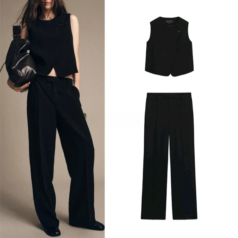 

Двубортный свободный повседневный жилет с асимметричным подолом, прямые брюки с высокой талией, женский модный комплект, осенний сезонный цвет