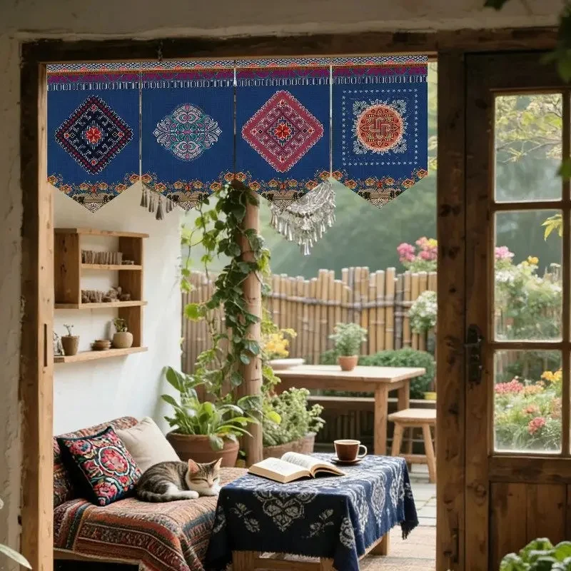 VIKAMA Ethnic Tribal Triangular Valance Curtain Blue Folk Print Fabric Hanging Curtain for Home Cafe Doorway Decor