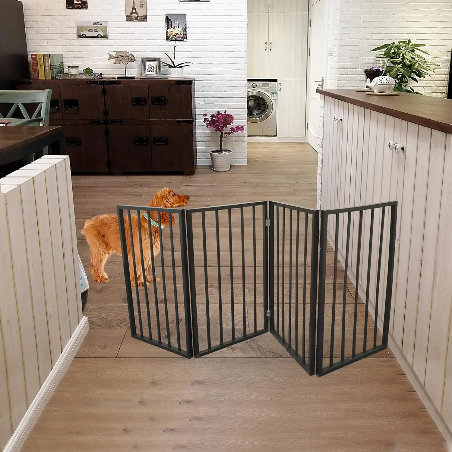 Pet Gate Dog Gate For Doorways, Stairs Or House – Freestanding, Folding, Brown, Arc Wooden Pt50