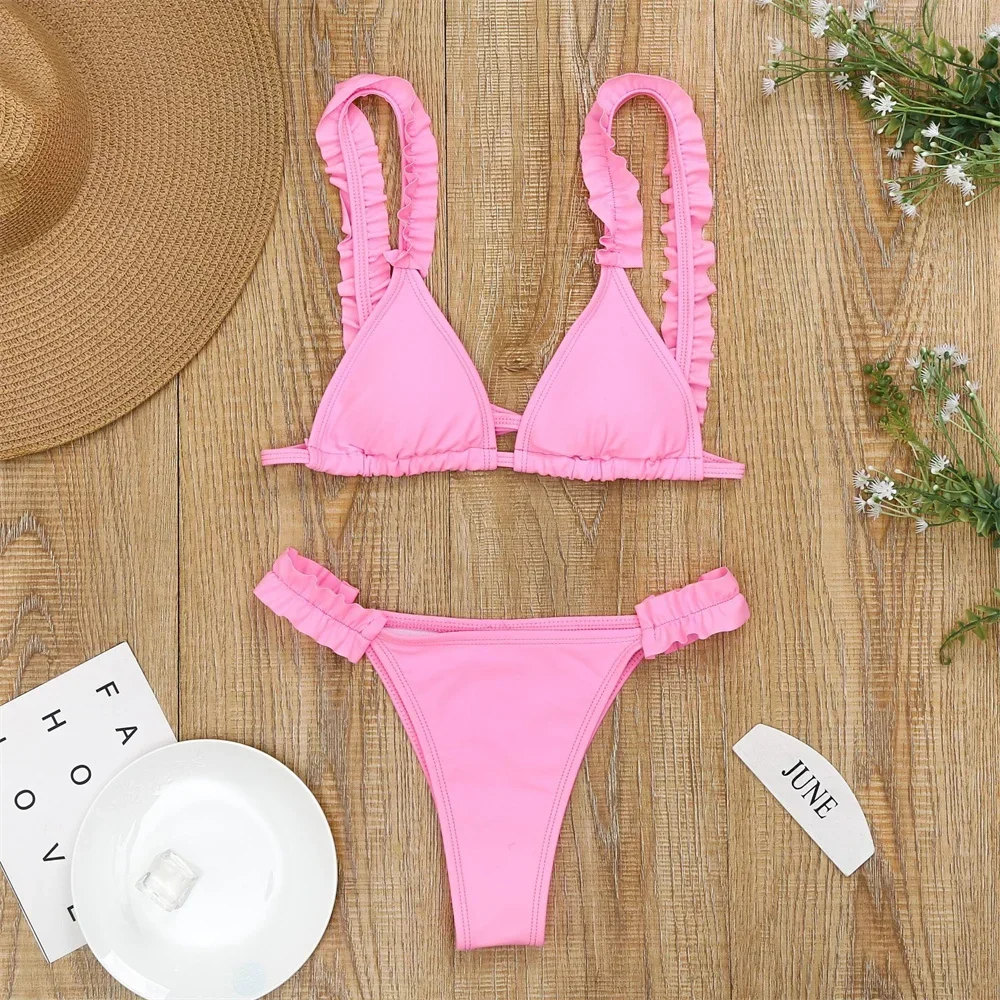 Ruffles Straps Bikini Y2K Cute Swimwear Micro String Swimsuit Women Extreme Backless BeachWear Triangle Bikinis Tangas Bath Suit