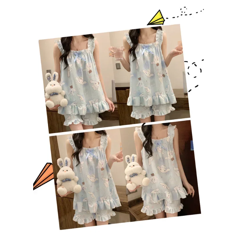 Sanrio New Cinnamoroll Babycinnamoroll Sling Pajamas Ice Silk Leisure Breathable with Chest Pad Please Cool Home Pajamas