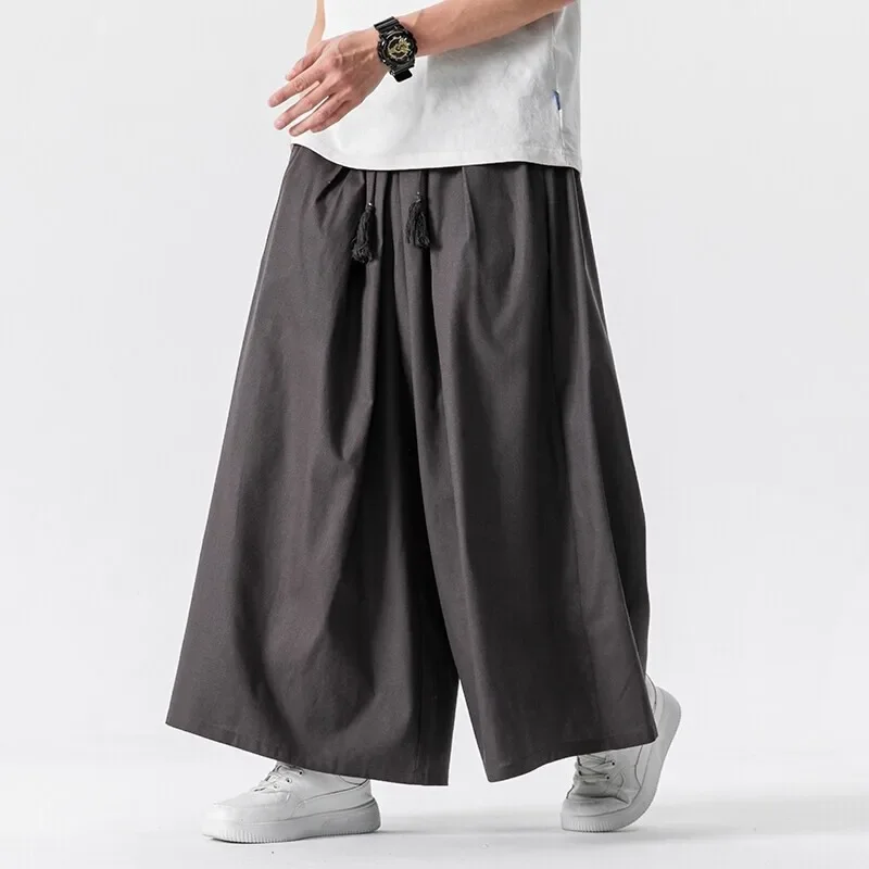 Kimono Men Pants Japanese Samurai Costume Solid Color Drawstring Waist Pants Haori Baggy Harajuku Hip Hop Trousers Plus Size 5XL