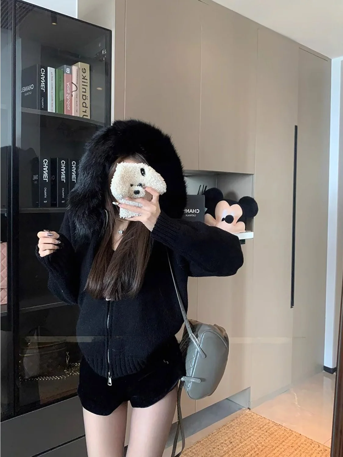 معطف محبوك بأكمام طويلة بأسلوب حلو للنساء، فضفاض ونحيف مع ياقة فرو، تصميم جديد للخريف، متعدد الاستخدامات، أسلوب كوري عصري للا...