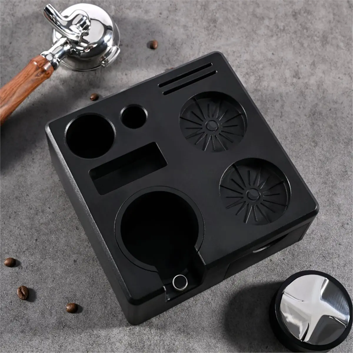 Coffee Tamping Station Portafilter Holder Stand with Storage Drawer for Espresso Accessory