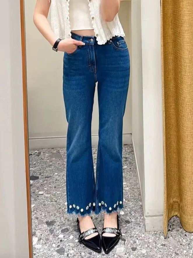 

Джинсы женские M-Home, облегающие, длиной 7/8, с цветочным декором и бисерной отделкой по низу, модные, весна-лето, новинка