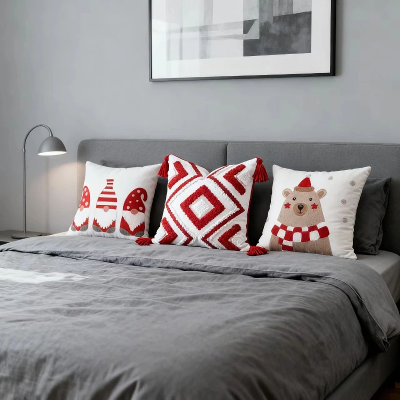 Merry Christmas Cushion Cover Cartoon Embroidery Geometric Diamond Tufting Pillow Covers