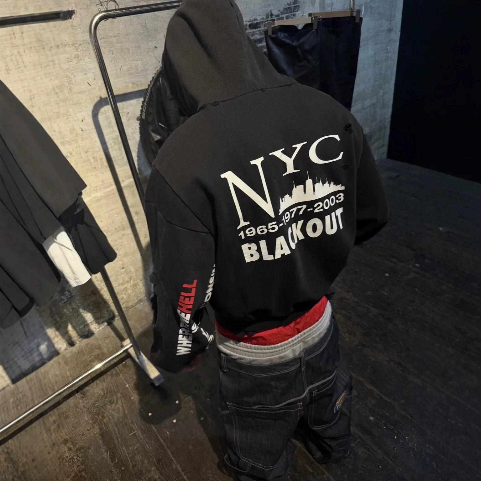 Grailz Patchwork Washed Vintage Damaged Night Scene Textured Print Zip-Up Hoodie Protocol Index
