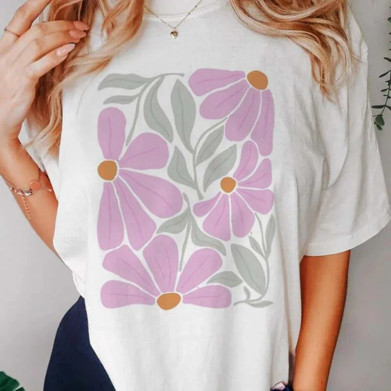 

Flower Pattern T-Shirt Trend 90s Clothing Casual Print Summer Versatile Women's Popular Short Sleeved O-Neck Regular T-Shirt