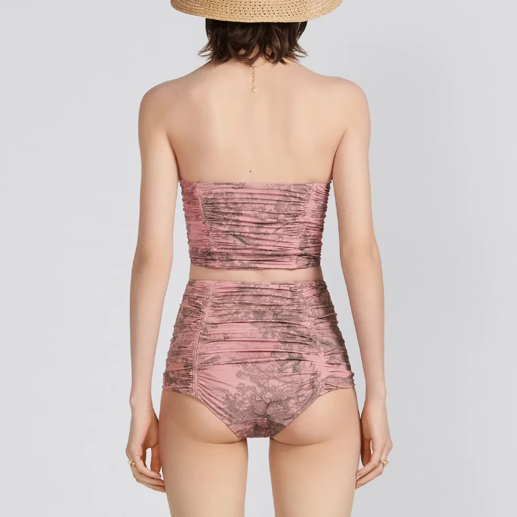 Conjunto de Bikini de marca a la moda para mujer, traje de baño con estampado ajustado de bosque rosa, traje de baño dividido con tirantes, traje de baño de diseño lujoso para mujer con arrugas en la playa