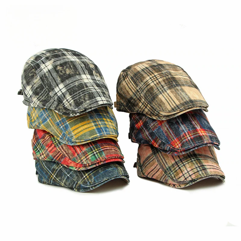 New Men Women Beret Cap Reversible Unisex Vintage Plaid Newsboy Washed Distressed Duckbill Hat Retro British Style Two Tone