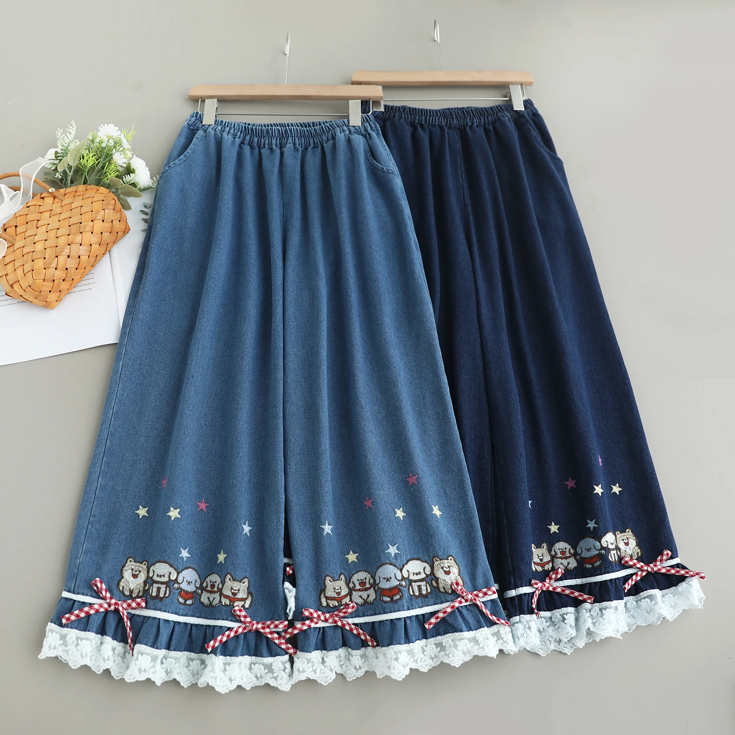 Japanese Mori Girl Vintage Bow Cartoon Embroidery Lace Hem Denim Wide Leg Pant Women Autumn High Elastic Waist Casual Jeans Pant