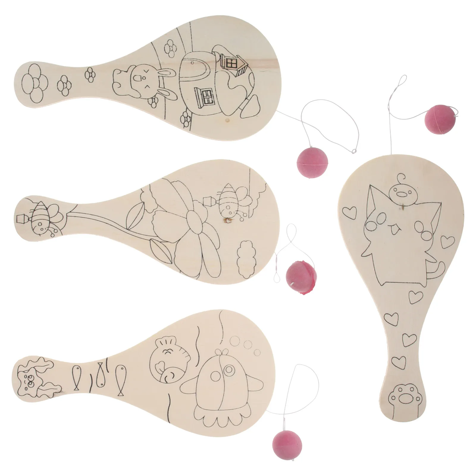 10Pcs Wooden Paddle Ball Painting DIY Kids Art Doodle Set for Early Education Hand Coordination Developing Fun Game
